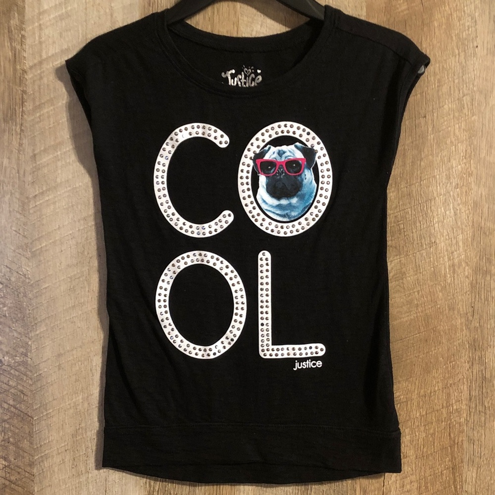 Justice Black Short-Sleeve Tee with Studded 'COOL' Pug Graphic